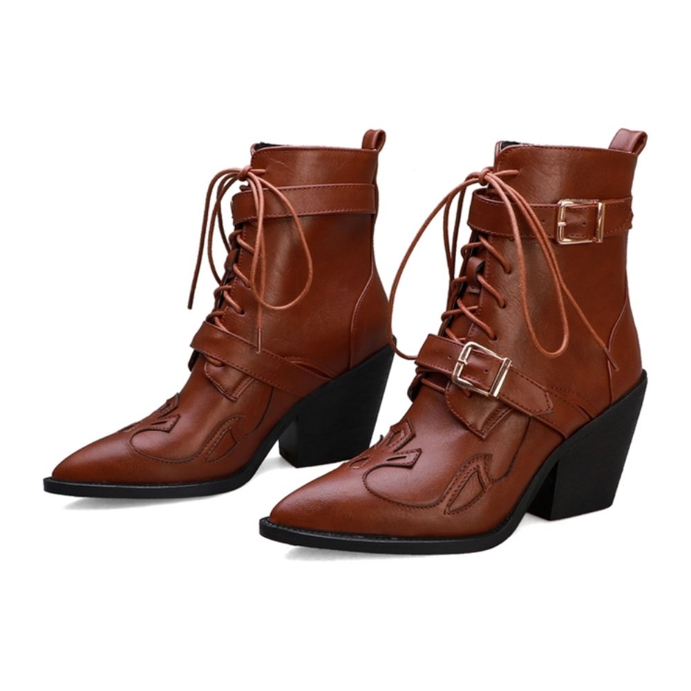 Botas Femininas Bico Fino Com Cadarço E Tiras Cruzadas Simples