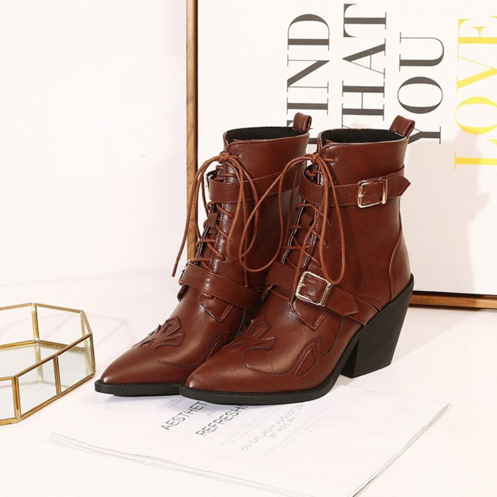 Botas Femininas Bico Fino Com Cadarço E Tiras Cruzadas Simples