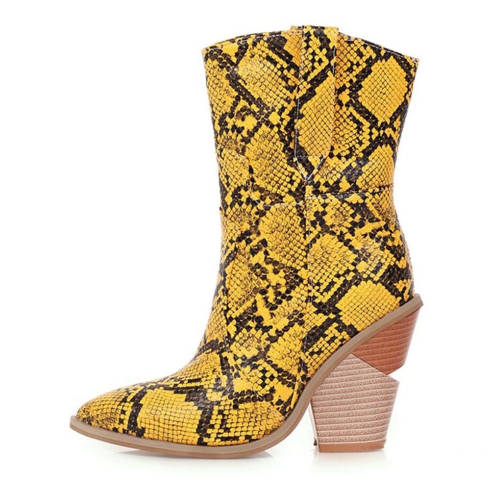 Botas Femininas De Bico Fino Serpentina Com Bloco Colorido