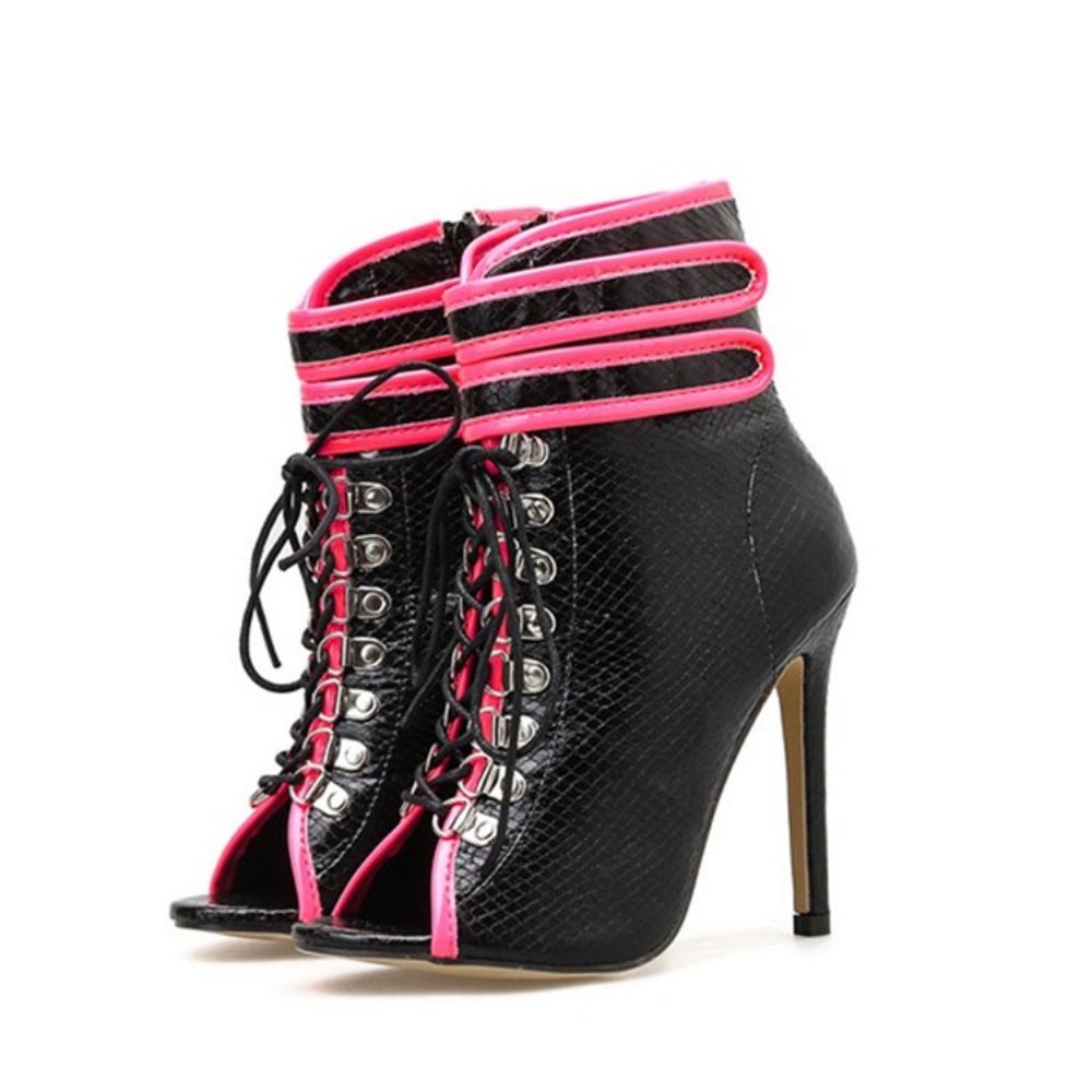 Botas Femininas Color Block Peep Toe Salto Agulha Serpentina