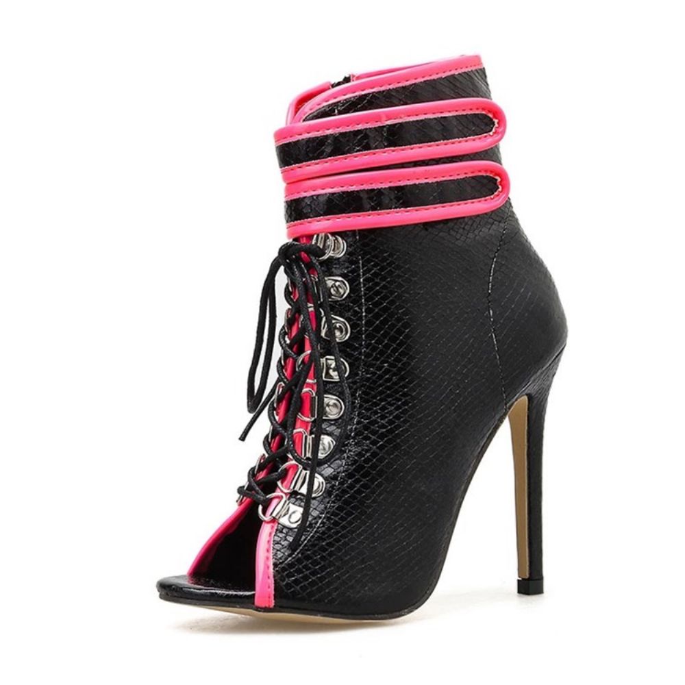 Botas Femininas Color Block Peep Toe Salto Agulha Serpentina