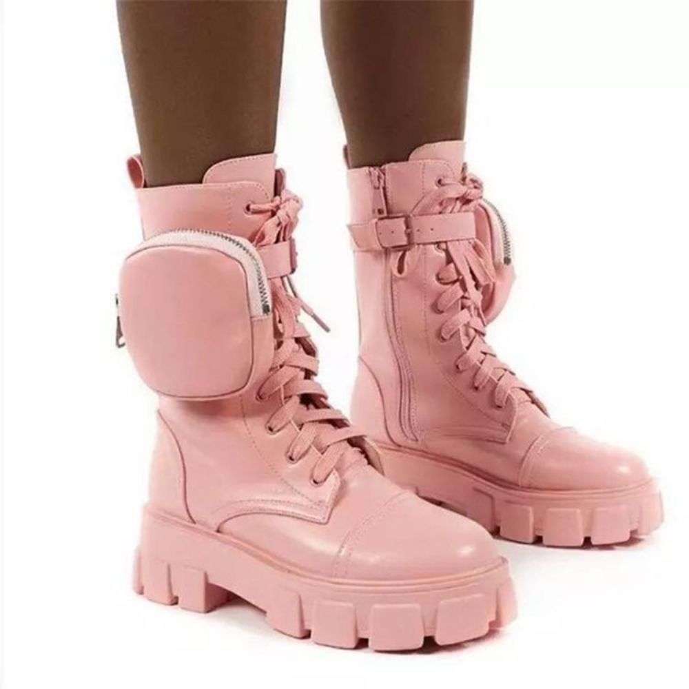 Botas Femininas Coreanas Lisas Com Zíper Lateral Bico Redondo