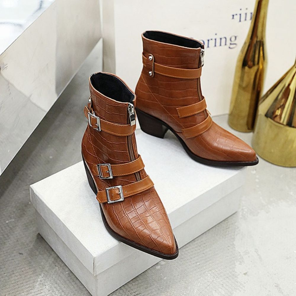 Botas Femininas Lisas De Bico Pontudo Com Zíper