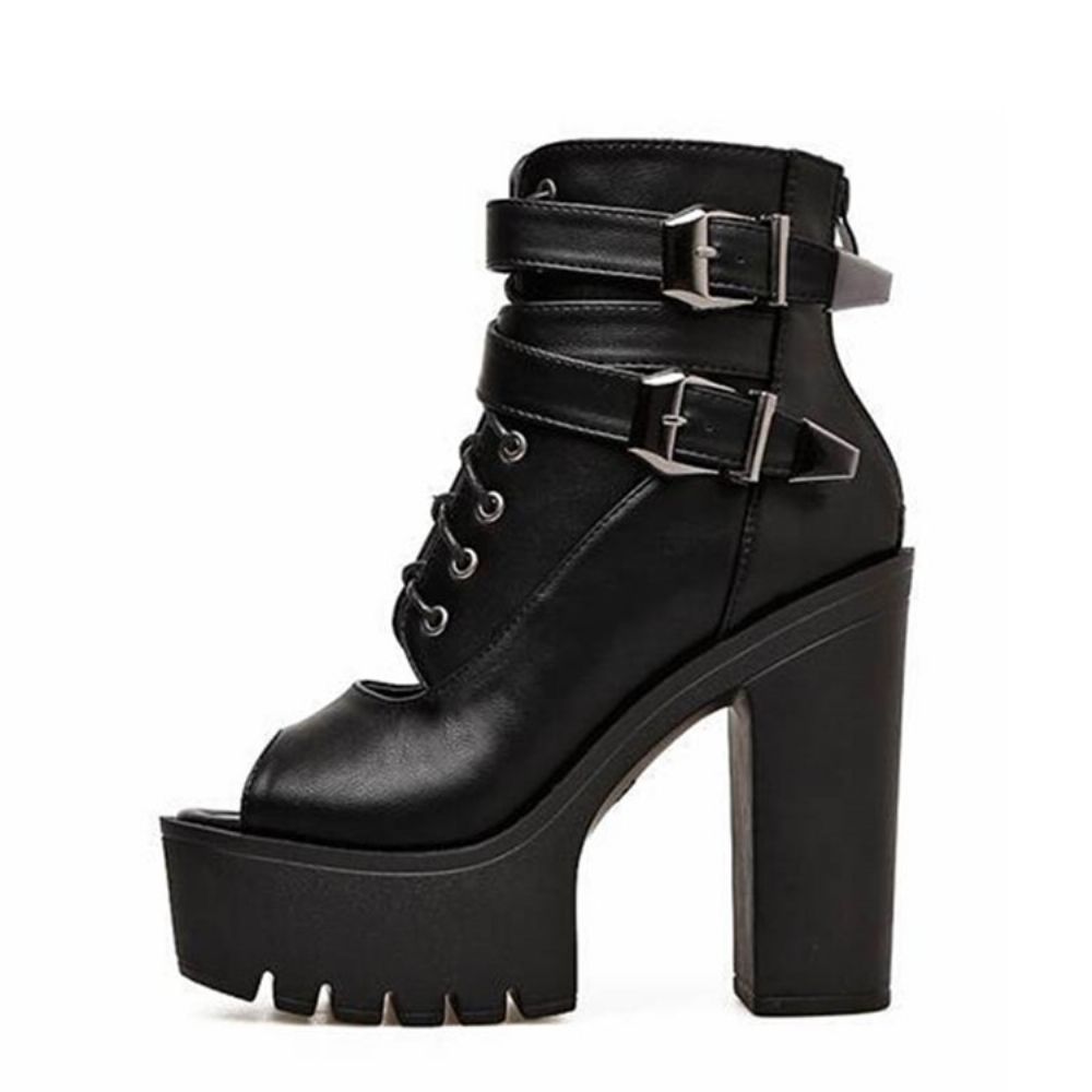 Botas Femininas Peep Toe Pu Com Salto Grosso E Zíper