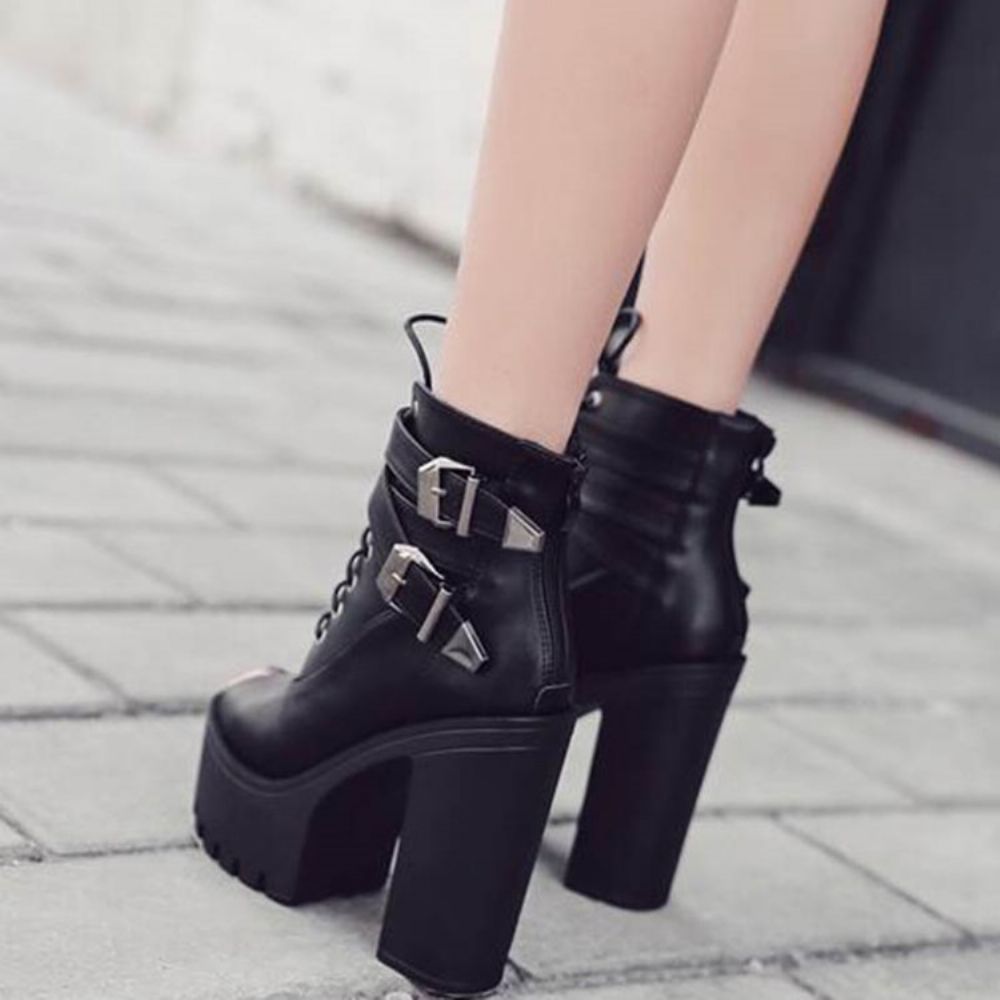 Botas Femininas Peep Toe Pu Com Salto Grosso E Zíper