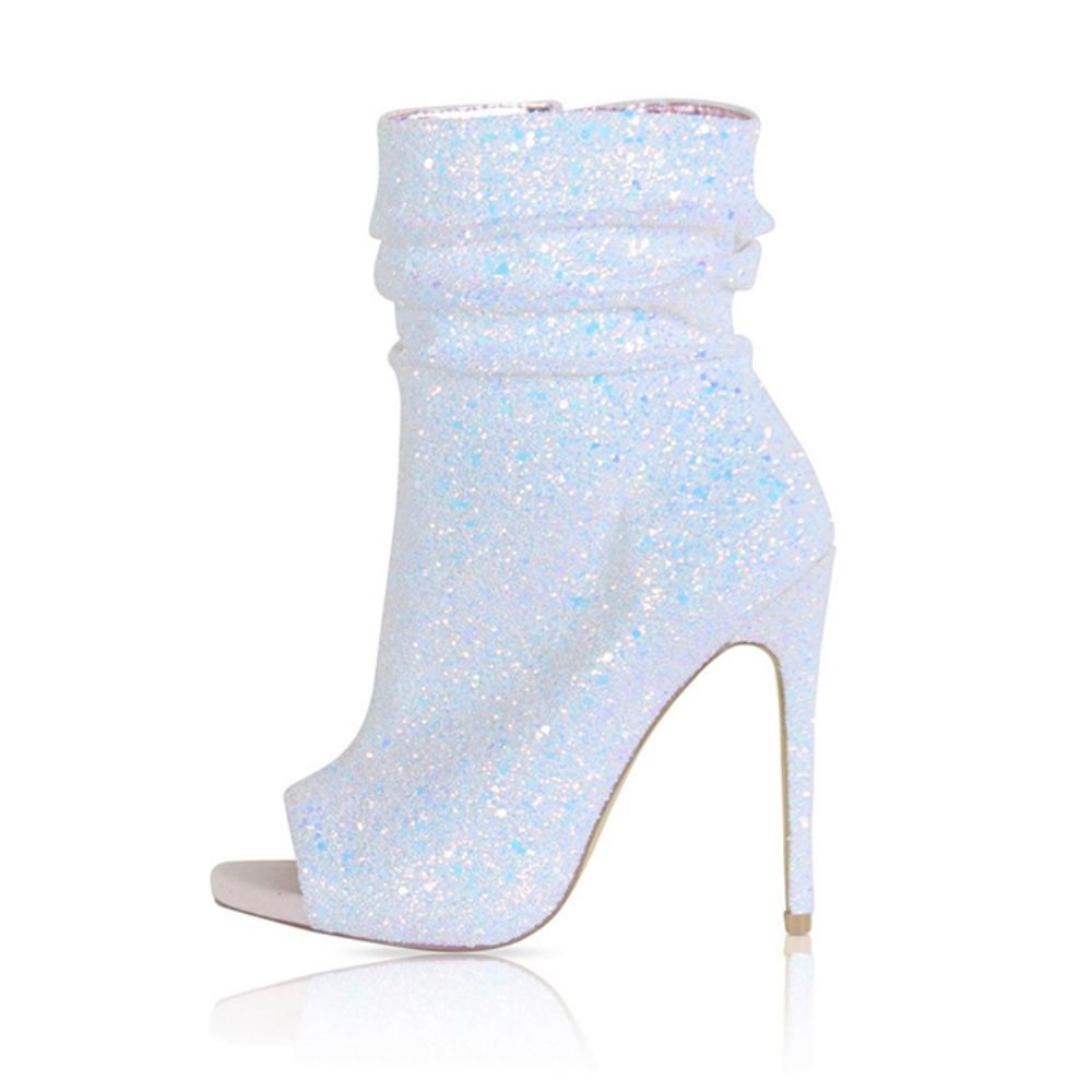 Botas Femininas Peep Toe Strass Com Salto Agulha