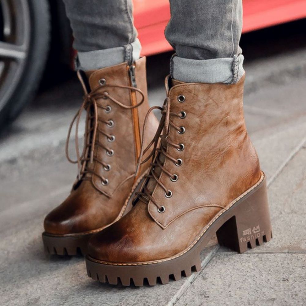 Botas Femininas Pu Com Salto Grosso E Bico Redondo