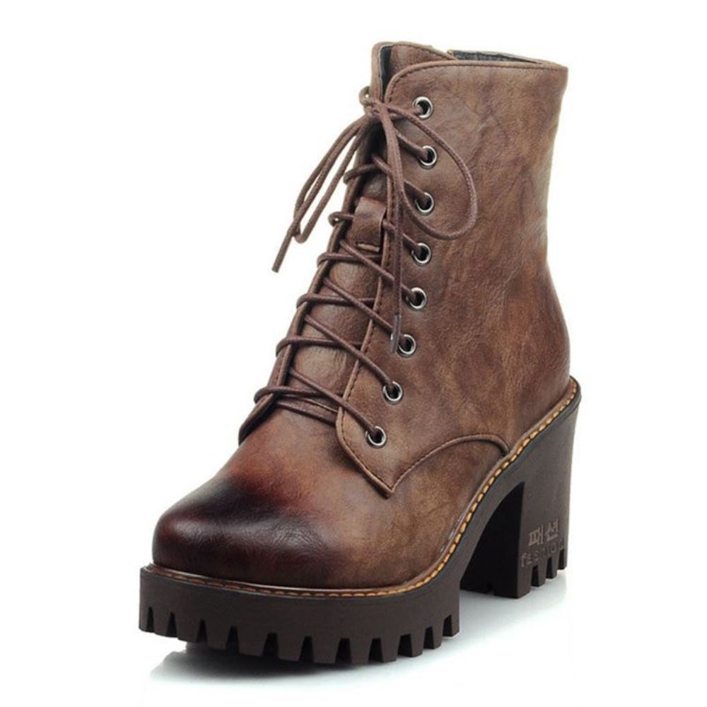 Botas Femininas Pu Com Salto Grosso E Bico Redondo