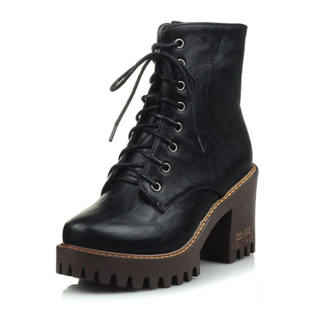 Botas Femininas Pu Com Salto Grosso E Bico Redondo