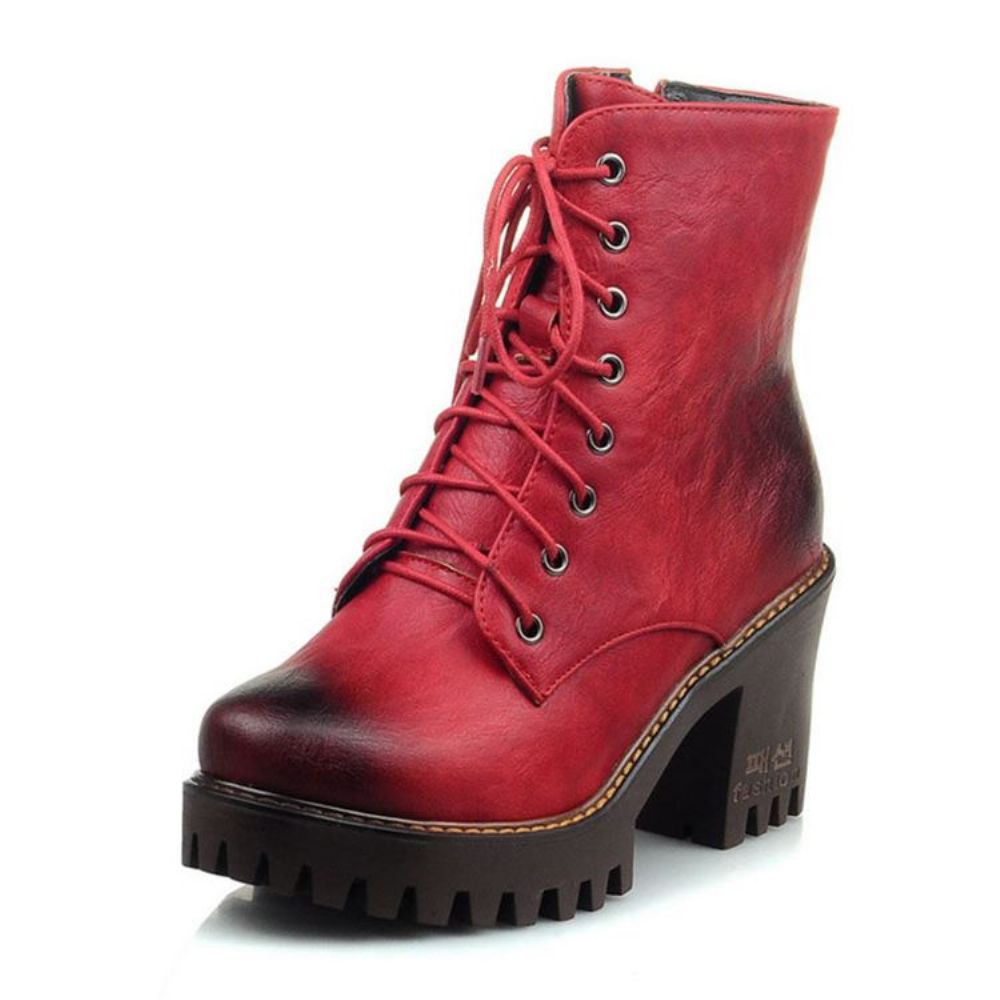 Botas Femininas Pu Com Salto Grosso E Bico Redondo