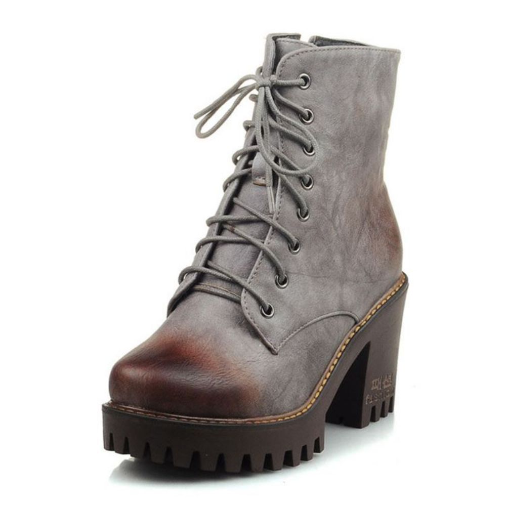 Botas Femininas Pu Com Salto Grosso E Bico Redondo