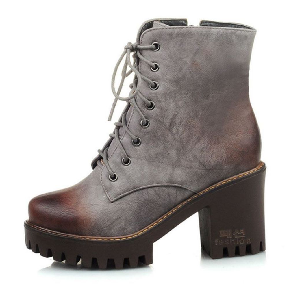 Botas Femininas Pu Com Salto Grosso E Bico Redondo