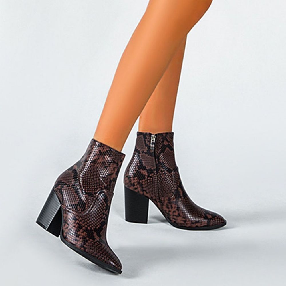 Botas Femininas Serpentine Com Salto Pontudo Bico Fino Zíper Lateral