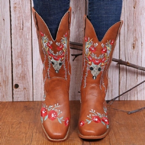 Botas Florais Vintage Com Bico Redondo E Salto Bloco