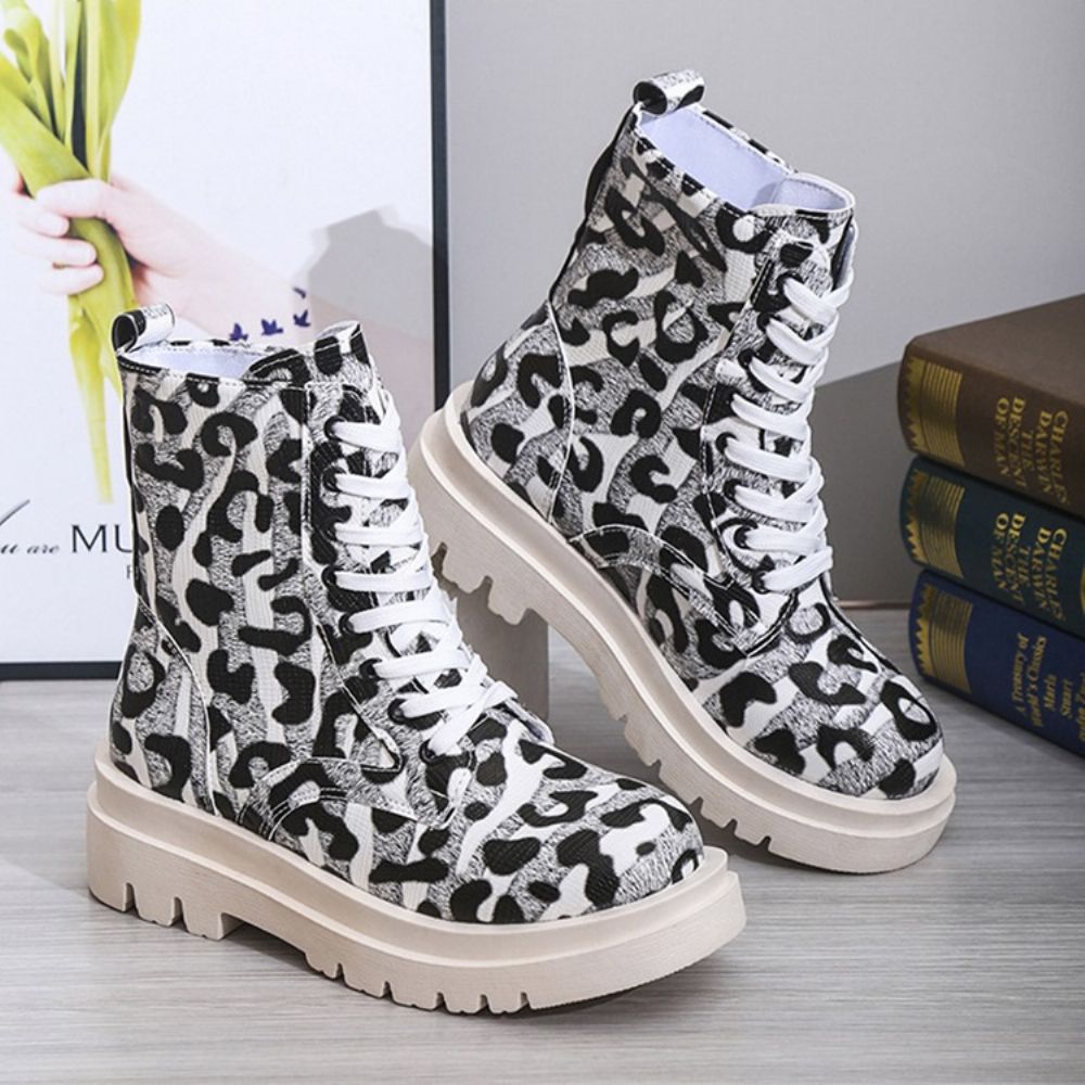 Botas De Pu De Bico Redondo Leopardo Com Cadarço