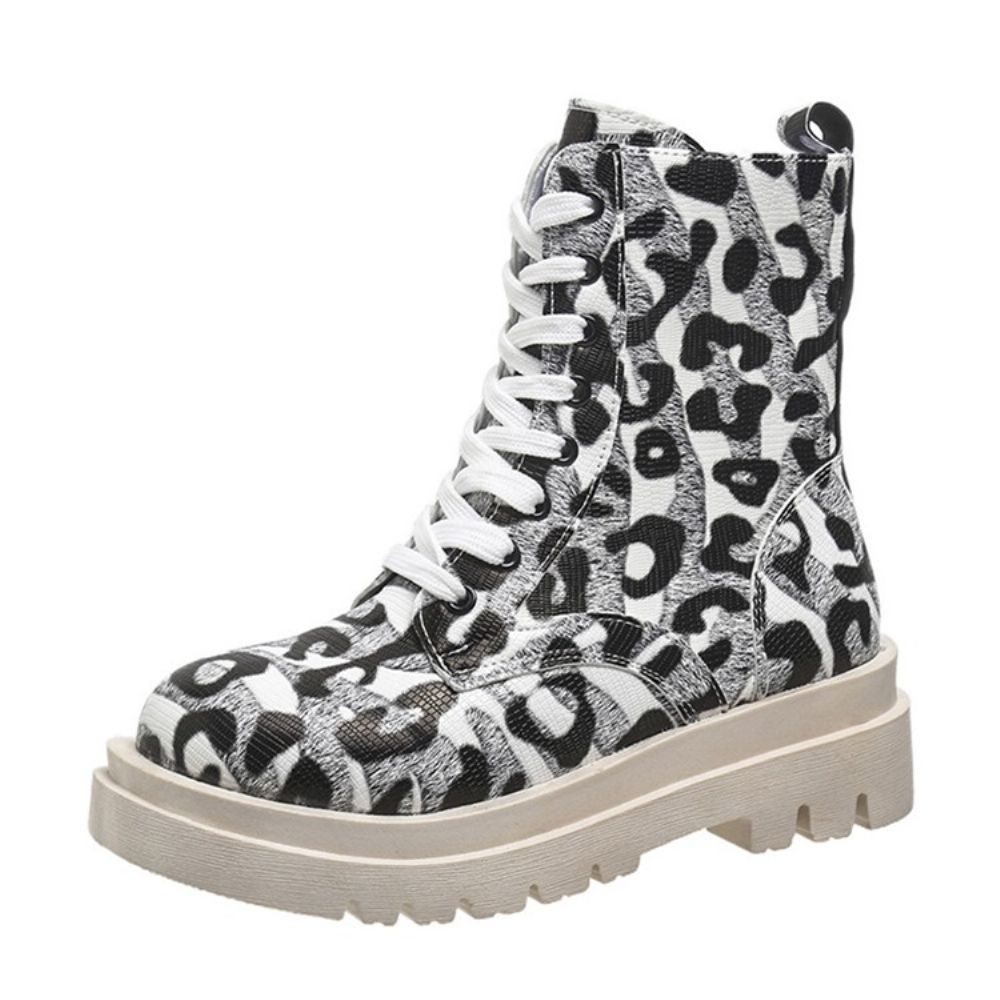 Botas De Pu De Bico Redondo Leopardo Com Cadarço