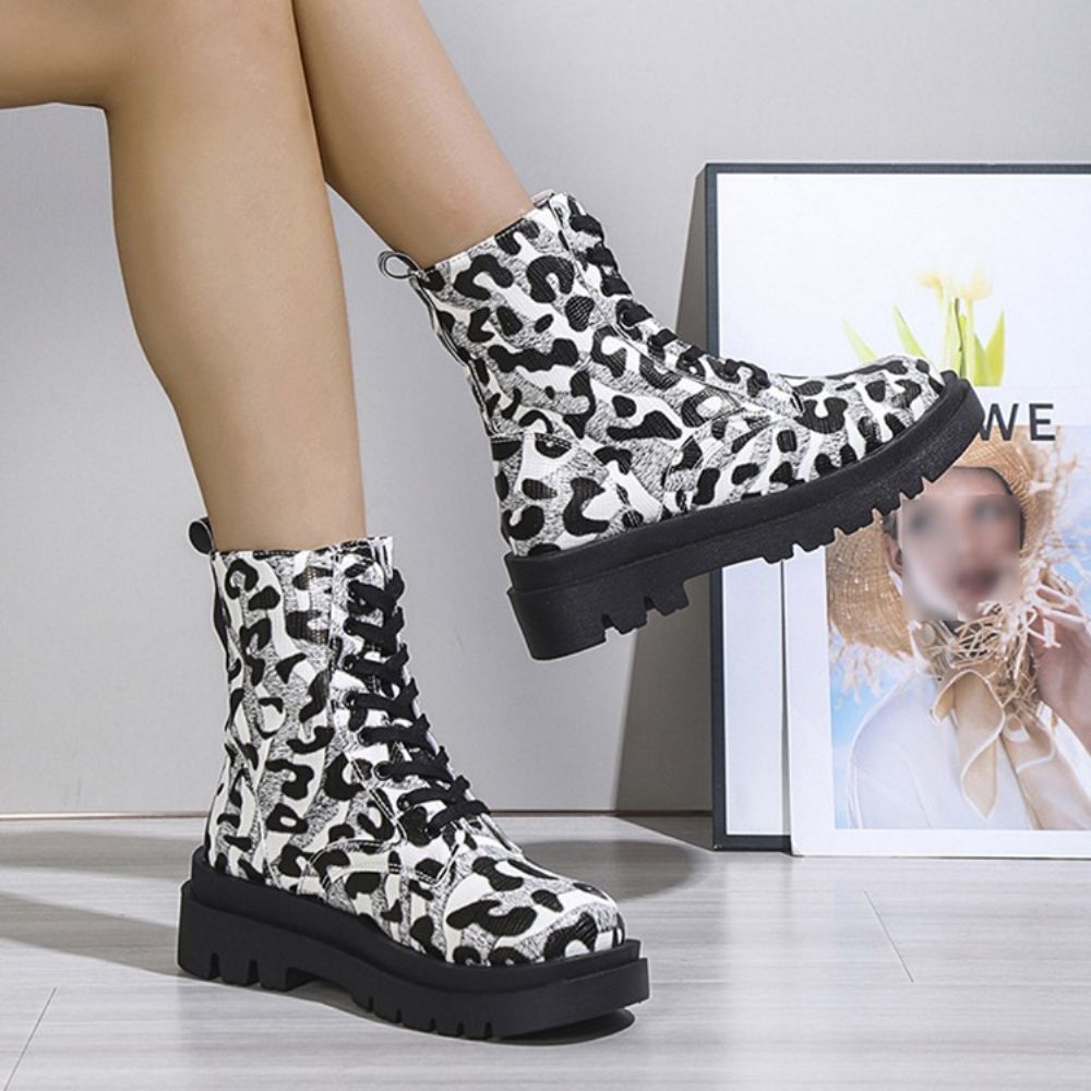 Botas De Pu De Bico Redondo Leopardo Com Cadarço