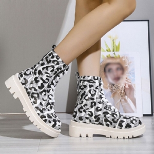 Botas De Pu De Bico Redondo Leopardo Com Cadarço