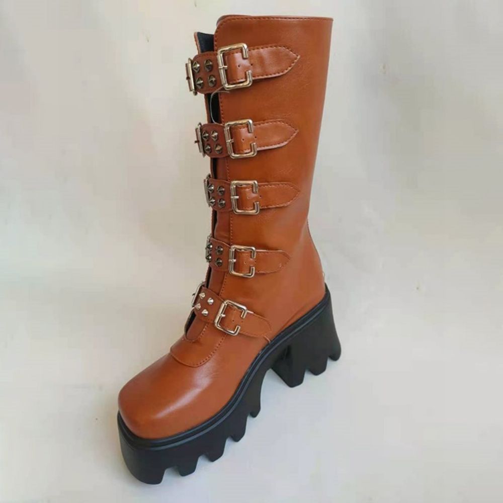 Botas Western De Bico Quadrado Simples Com Zíper Traseiro