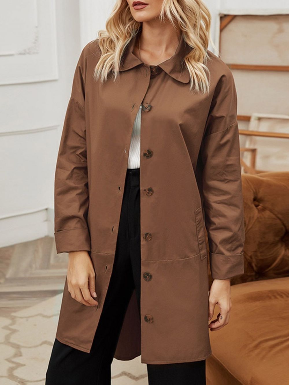 Trench Coat Feminino De Lapela De Retalhos De Patchwork Ocidental Outono