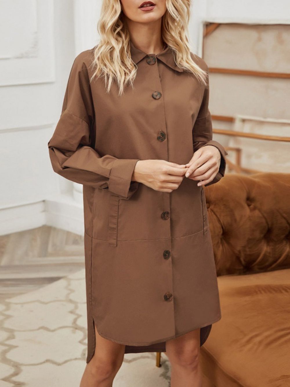 Trench Coat Feminino De Lapela De Retalhos De Patchwork Ocidental Outono