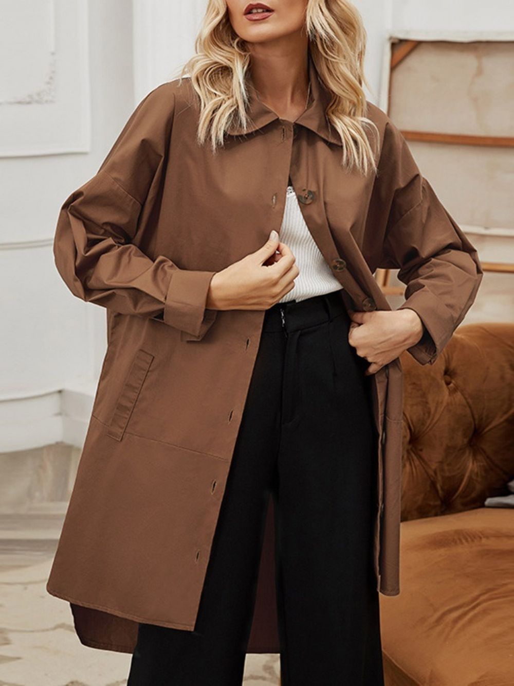 Trench Coat Feminino De Lapela De Retalhos De Patchwork Ocidental Outono