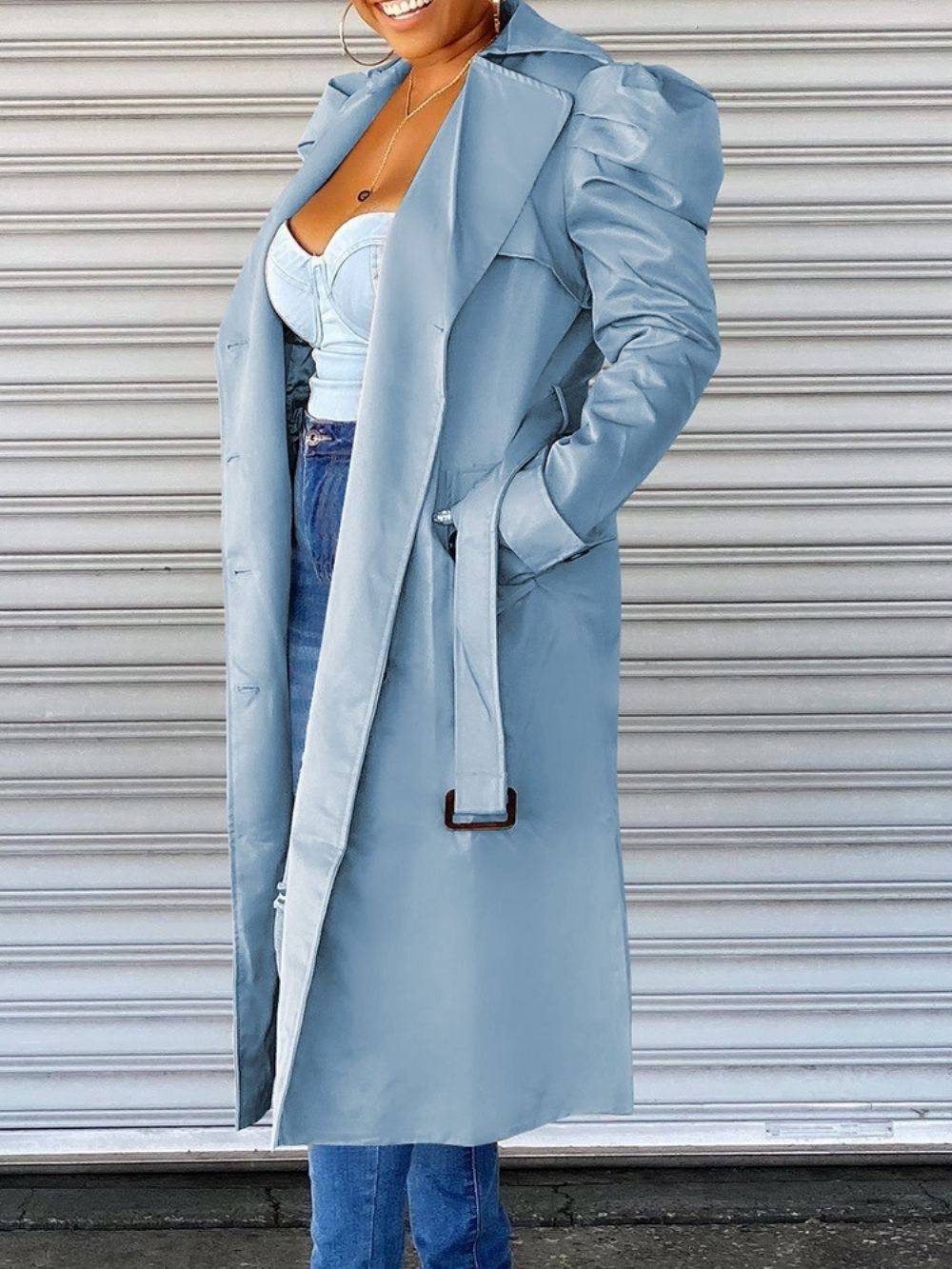 Trench Coat Longo Com Lapela E Manga Longa Reta