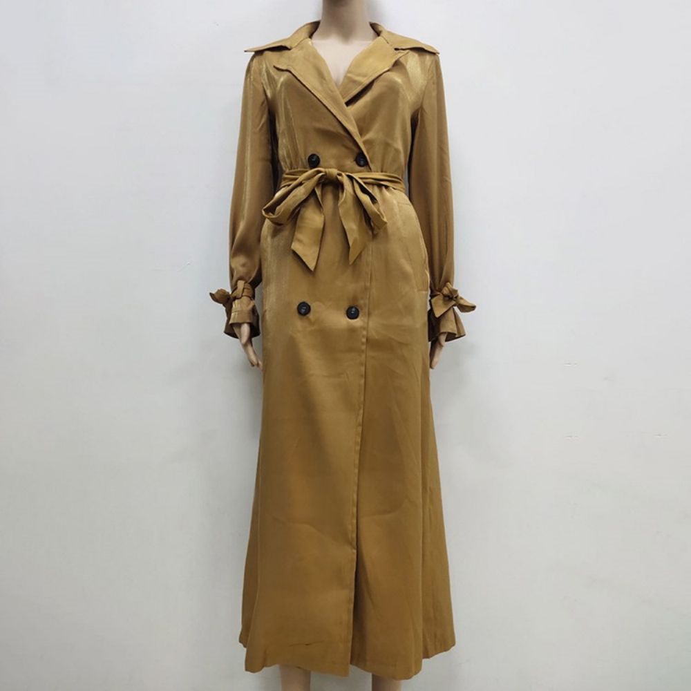 Trench Coat Ocidental De Lapela Trespassado Longo Outono