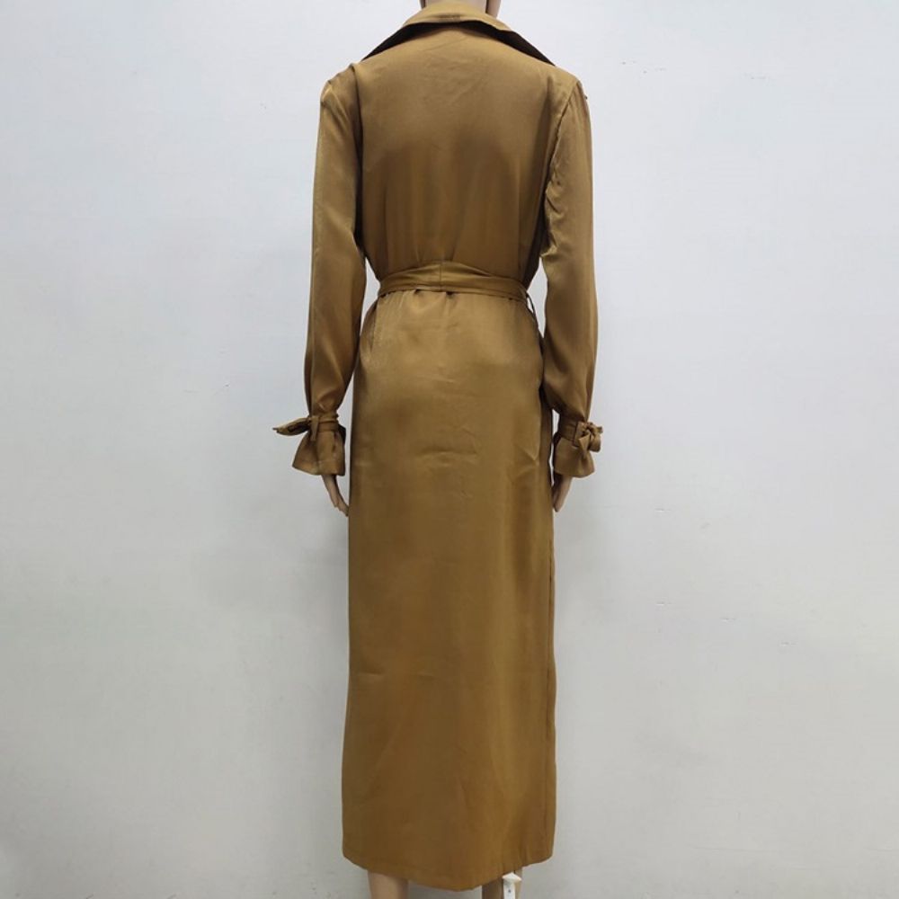 Trench Coat Ocidental De Lapela Trespassado Longo Outono