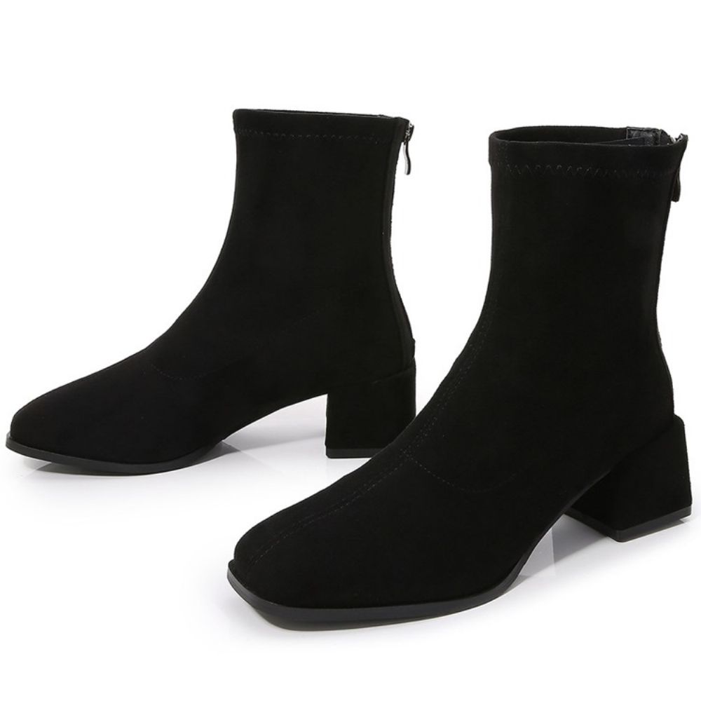 Botas Simples De Pu Com Salto Quadrado Bico Quadrado