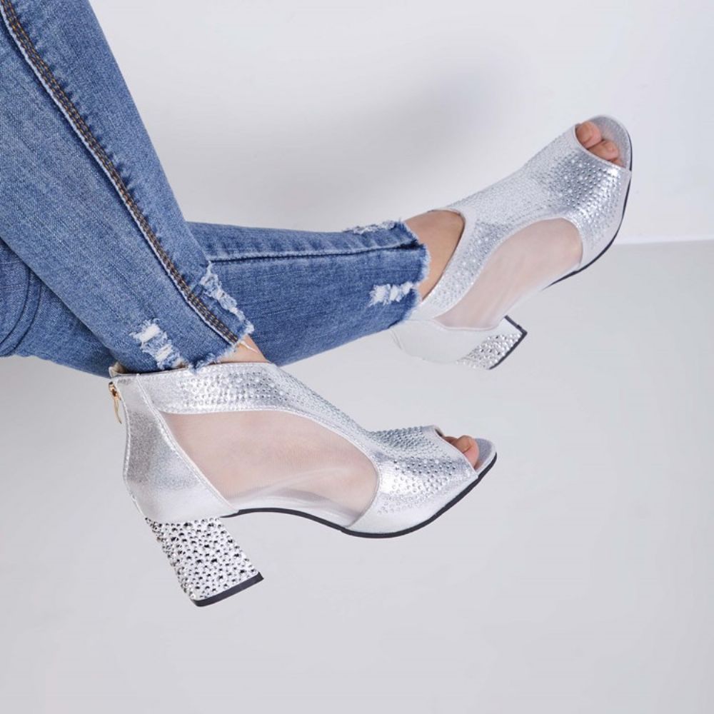 Sapatos De Salto Grosso Simples Com Retalhos De Strass Transparentes