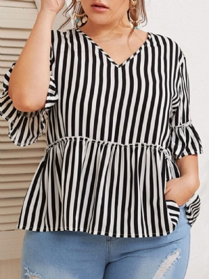 Blusa Feminina Decote Em V Com Listras E Meia Manga