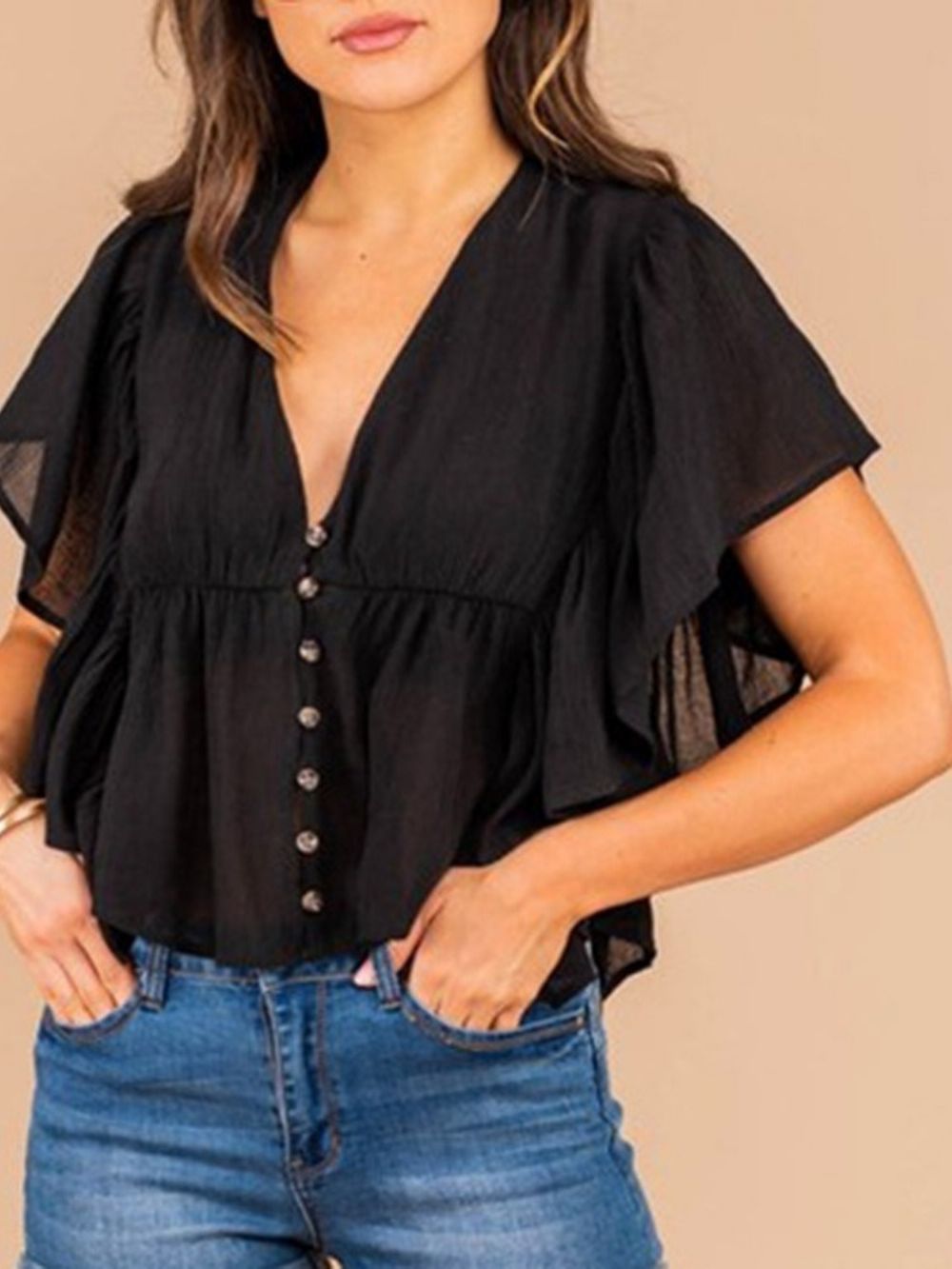 Blusa Feminina Padrão Manga Curta Com Decote Em V E Botão