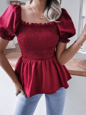 Blusa Feminina Padrão Plissada Decote Quadrado Manga Curta