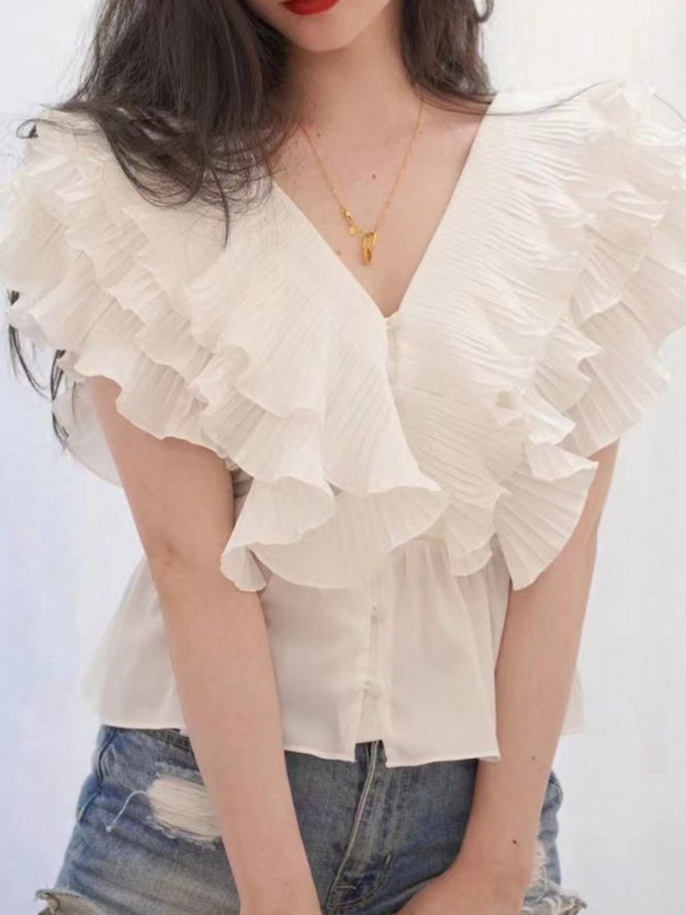 Blusa De Manga Curta Padrão Falbala Com Decote Em V