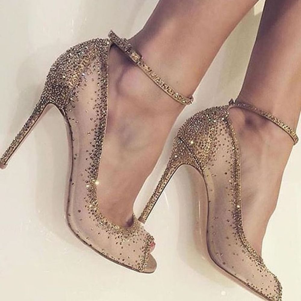 Sapatos De Salto Agulha Peep Toe Dourados Com Strass