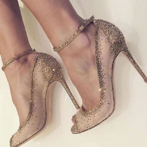 Sapatos De Salto Agulha Peep Toe Dourados Com Strass