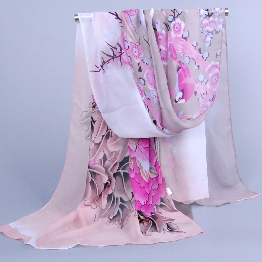 Cachecol De Chiffon Estampado Florido Na Moda