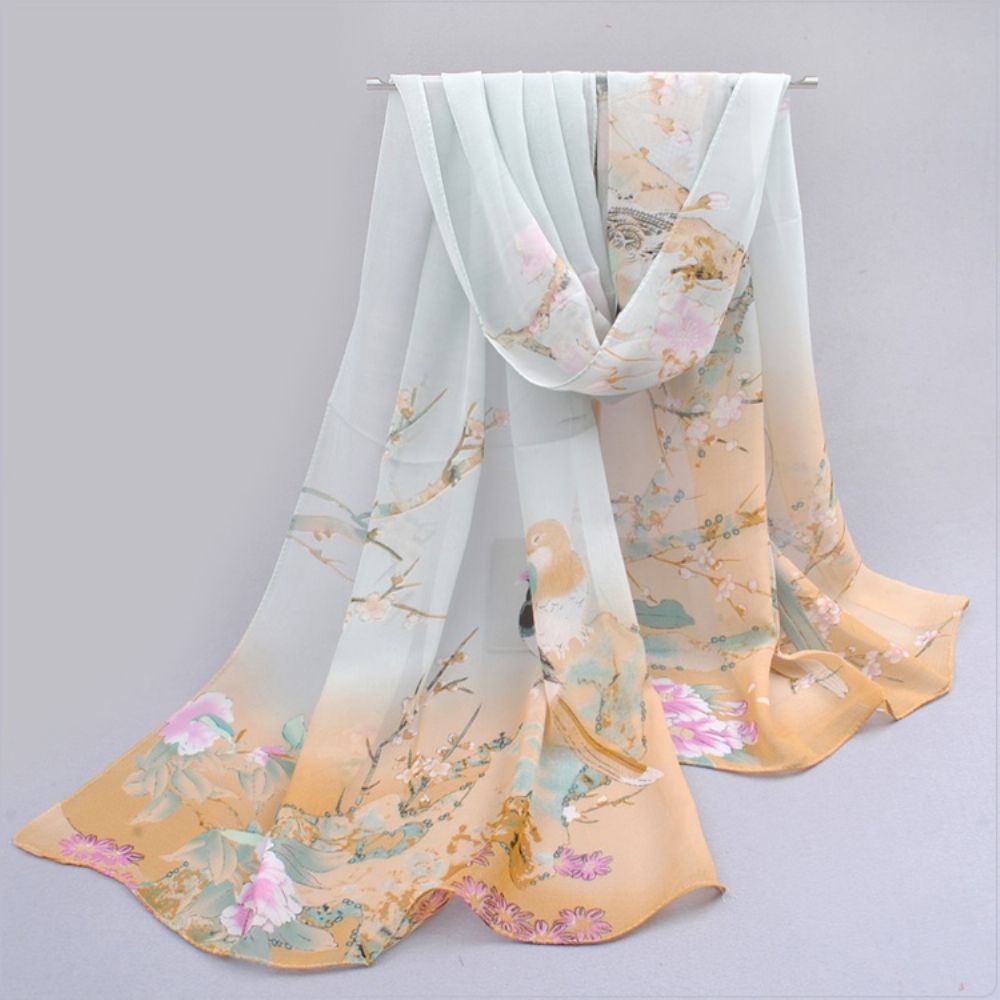 Cachecol Floral De Chiffon Estilo Chinês Combinando Para Mulheres