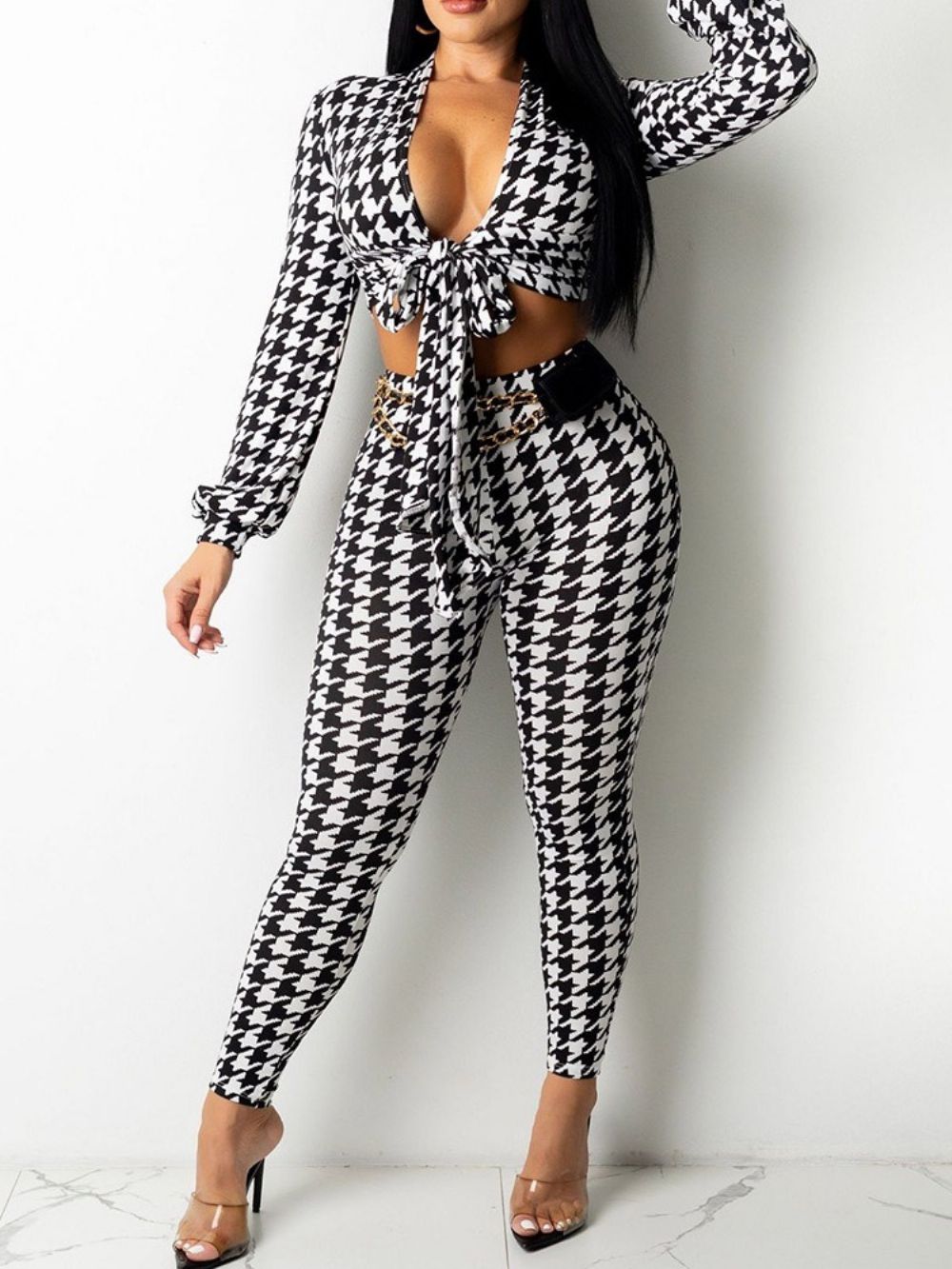 Calças Até O Tornozelo Estilo Houndstooth Moda Com Cadarço Calças Lápis Conjuntos De Duas Peças