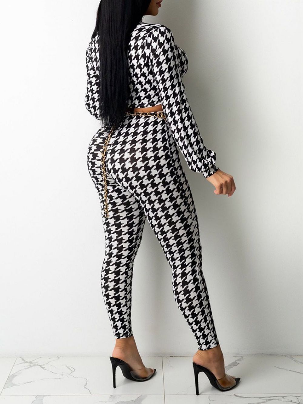 Calças Até O Tornozelo Estilo Houndstooth Moda Com Cadarço Calças Lápis Conjuntos De Duas Peças