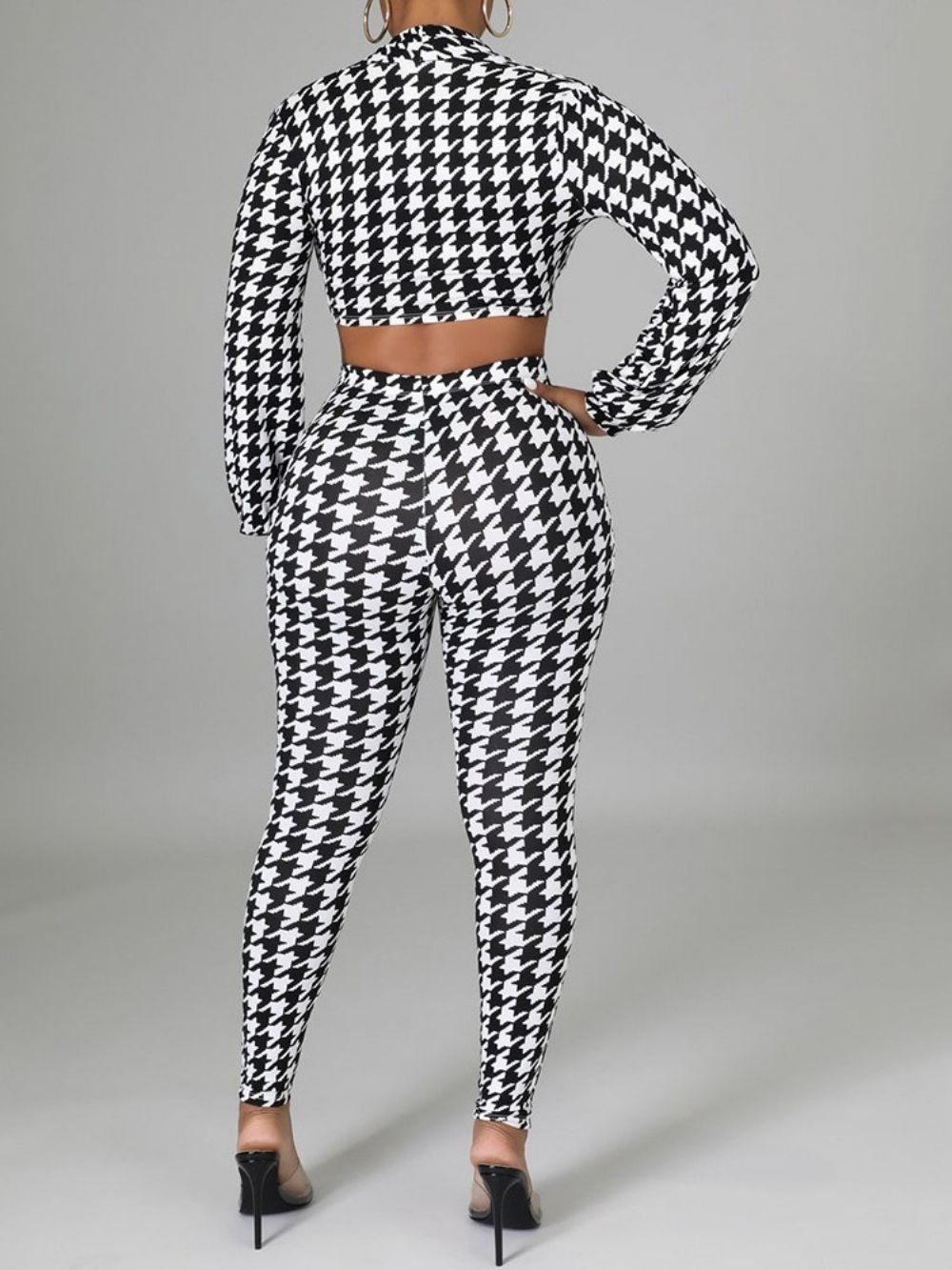 Calças Até O Tornozelo Estilo Houndstooth Moda Com Cadarço Calças Lápis Conjuntos De Duas Peças