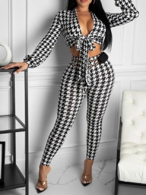 Calças Até O Tornozelo Estilo Houndstooth Moda Com Cadarço Calças Lápis Conjuntos De Duas Peças