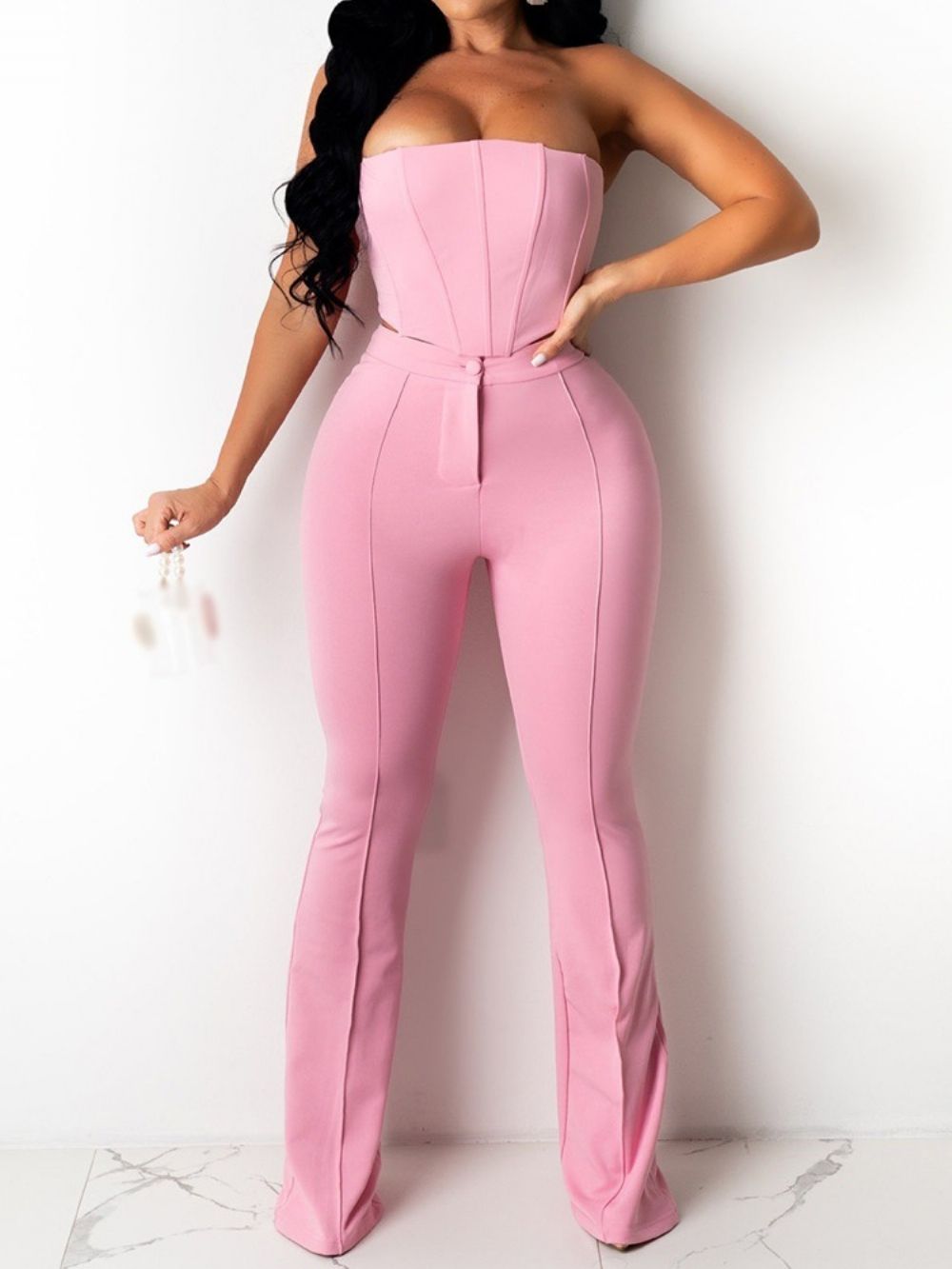 Conjunto De Pulôver Sexy Com Zíper Calças Boca De Sino De Duas Peças