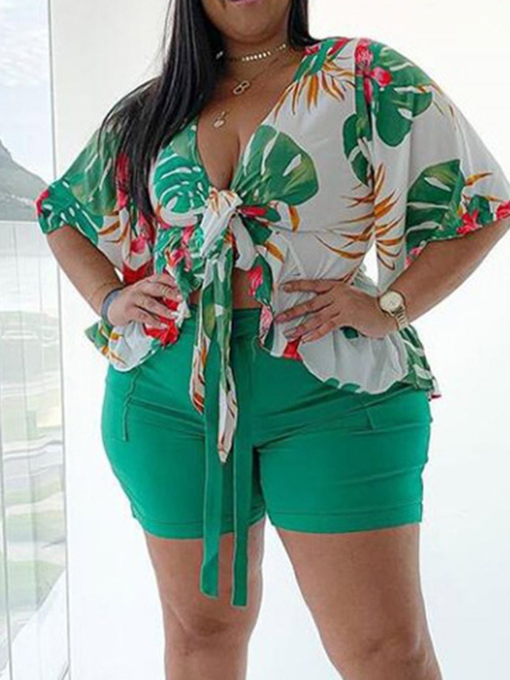 Conjuntos De Calças Femininas De Duas Peças Shorts Sexy Floral Com Cadarço