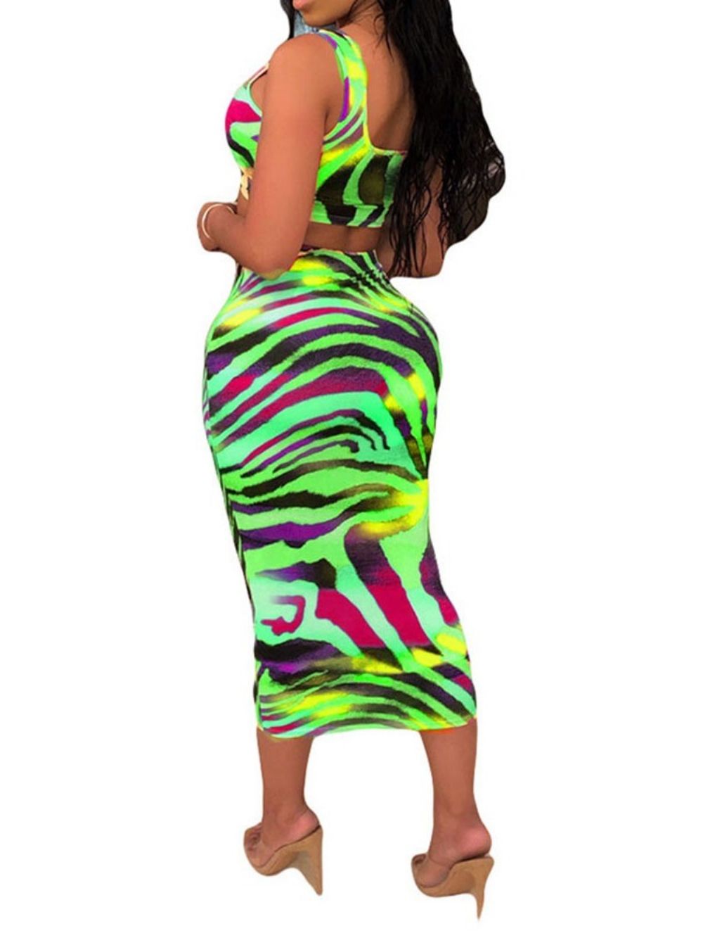 Conjuntos Femininos De Duas Peças De Saia Estampada Gola Quadrada Bodycon Bodycon