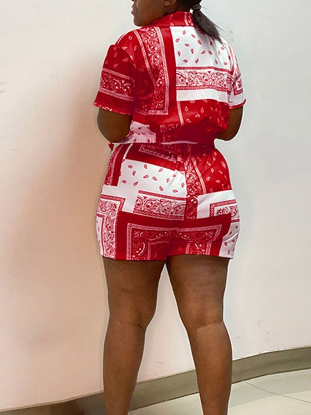 Conjuntos De Shorts Casuais Estampados Lapela Trespassado Feminino De Duas Peças