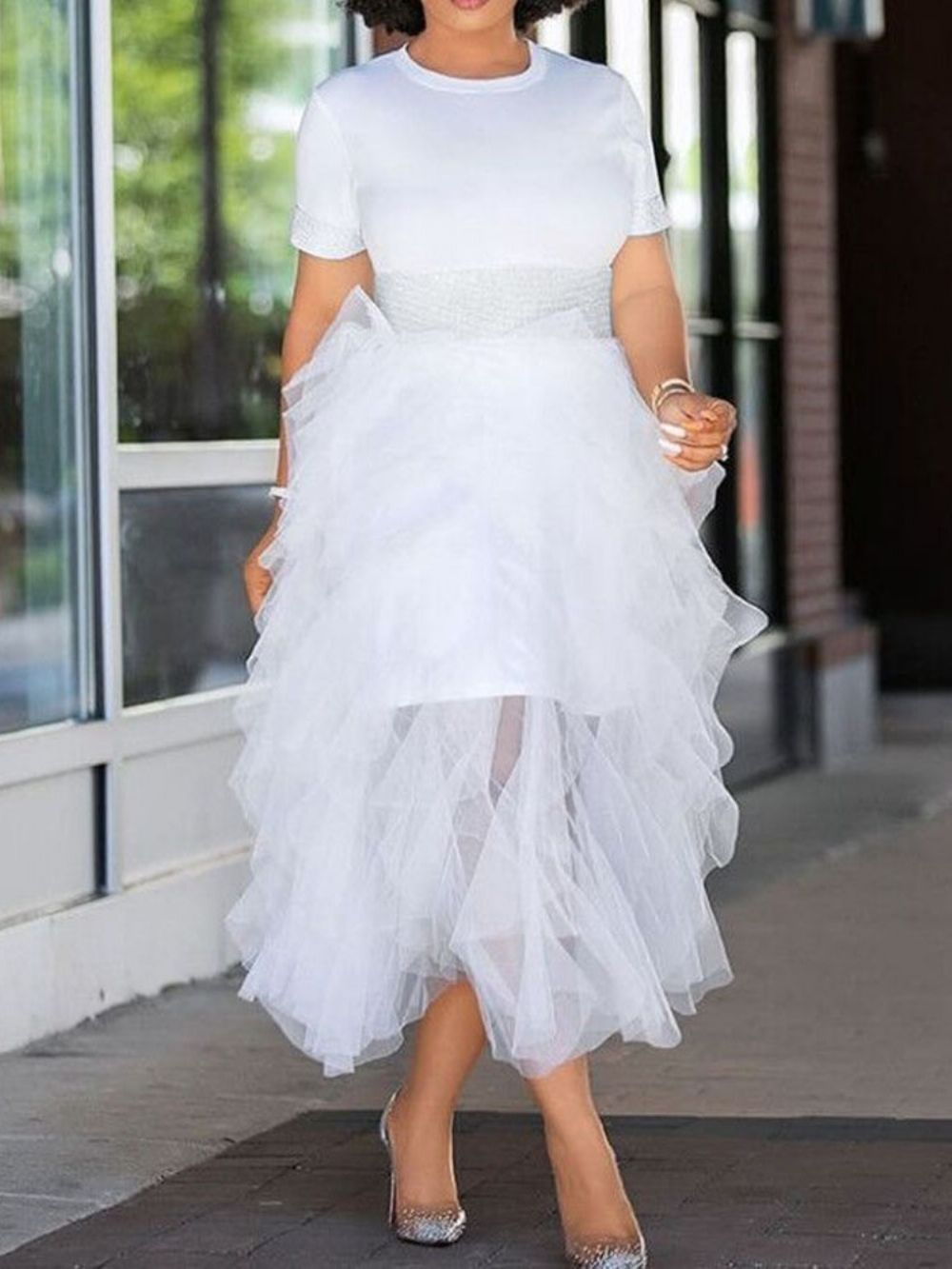 Conjuntos De Terno Feminino De Gola Redonda Doce Assimétrico Branco Saia E Vestido De Duas Peças