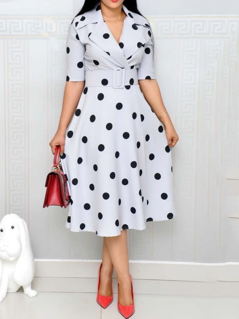 Polka Dots A-Line Mid-Calf Meia Manga Regular Ol Dres (Sem Cintura)