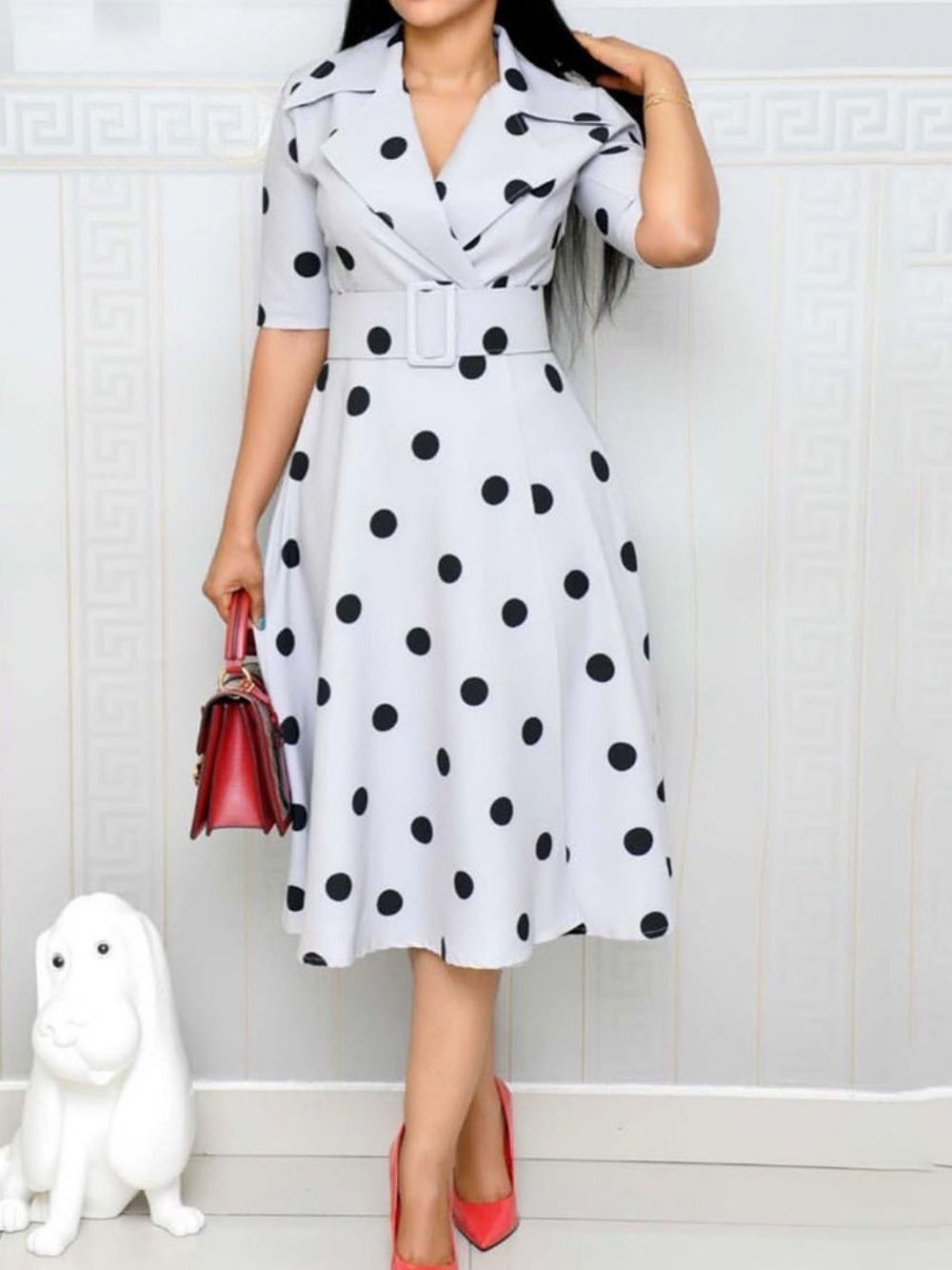 Polka Dots A-Line Mid-Calf Meia Manga Regular Ol Dres (Sem Cintura)